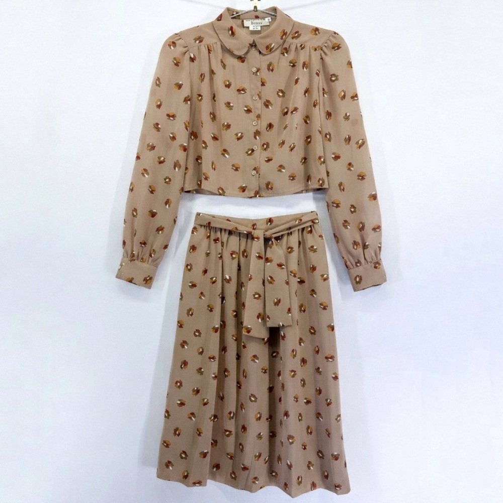 Vintage 80s Two Piece Set Sheer Cropped Blouse Midi Skirt Tan Fall Leaves Print